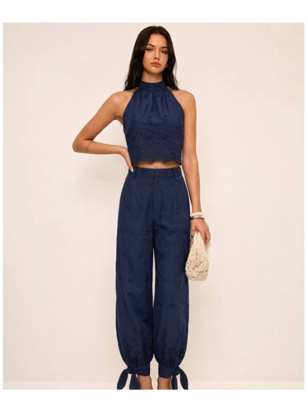 Commense Navy Eyelet Ballon Pant and Top Set Size S Cotton Resort Cruise Party